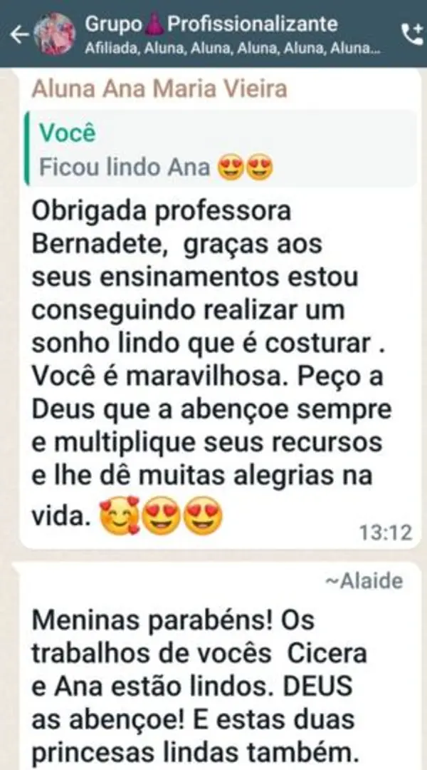 Depoimento da aluna Ana Maria Vieira no grupo de alunas