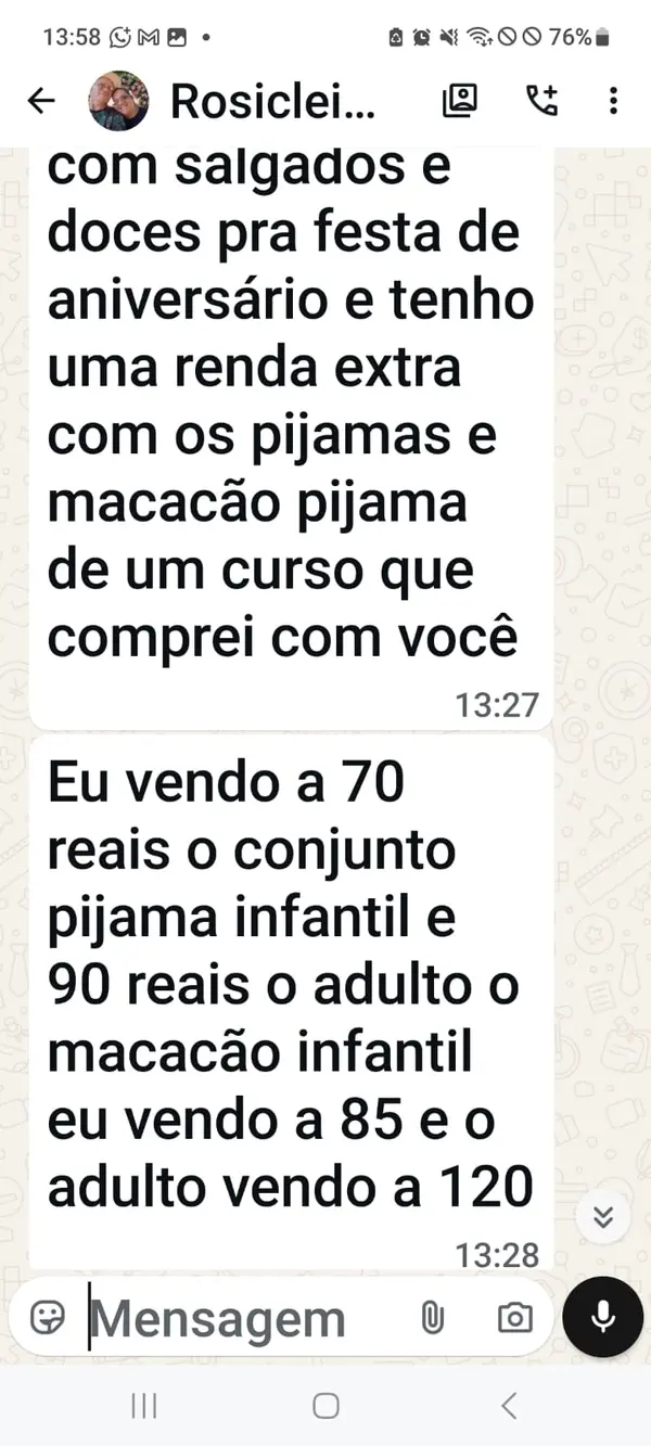 Depoimento da aluna Rosiclei mostrando seus preços de venda