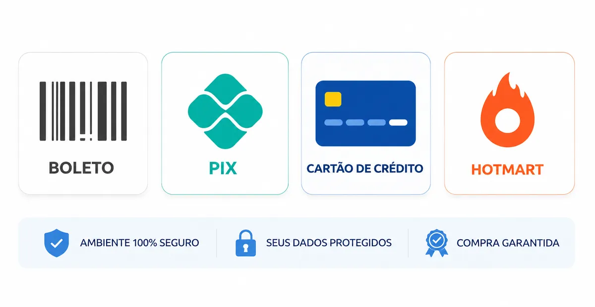 Métodos de pagamento: Boleto, PIX, Cartão de Crédito e Hotmart — Ambiente 100% seguro, dados protegidos, compra garantida